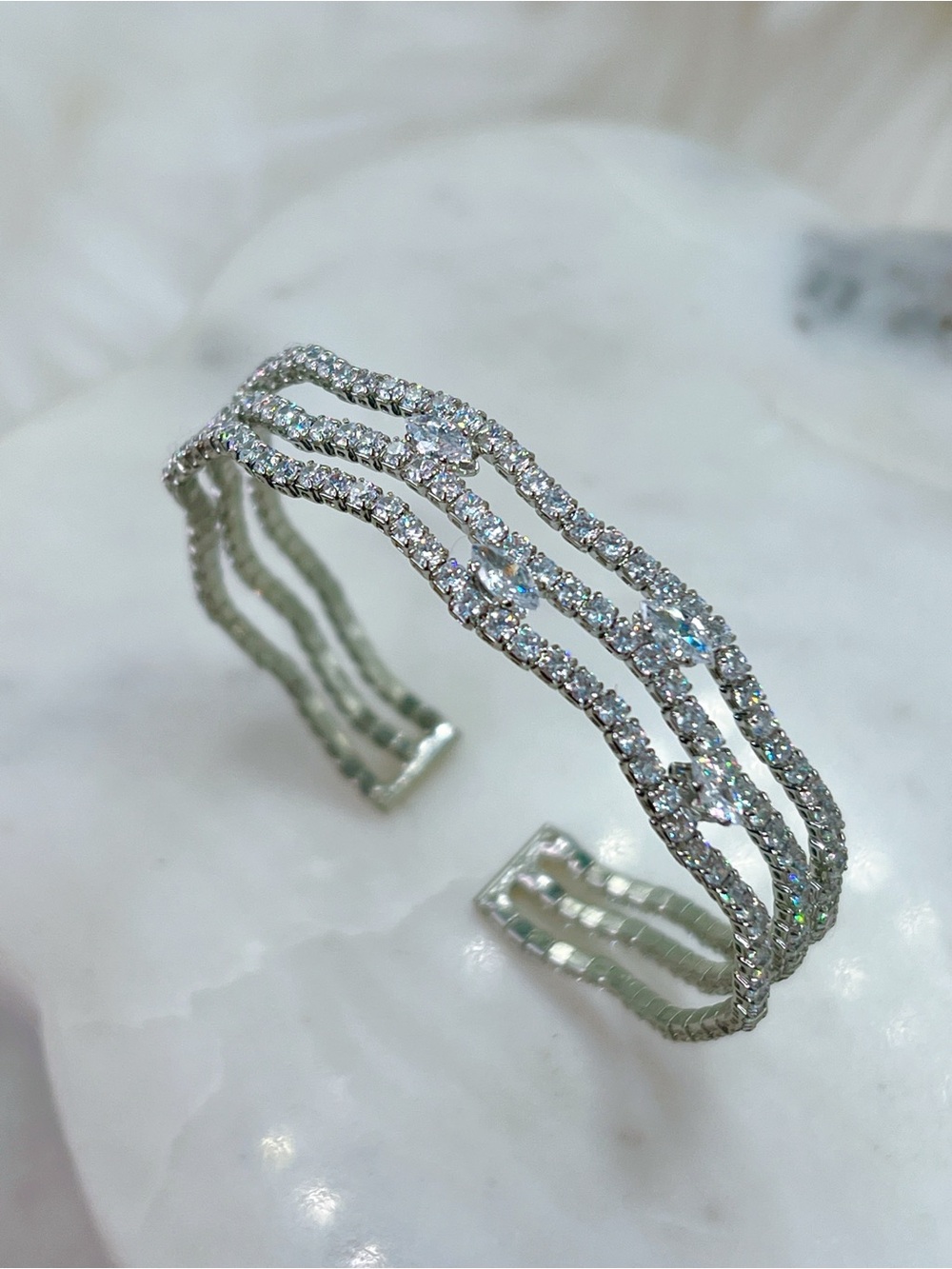 Marquise round CZ 💎 diamond cuff white gold plated bracelet flex 7” to 7.5” M